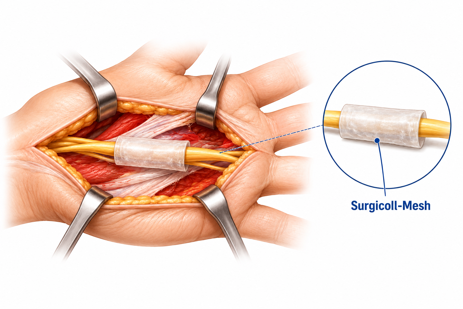 Illustration of a Surgicoll-Mesh nerve wrap applied around a nerve during hand surgery, with a magnified inset view of the wrap.